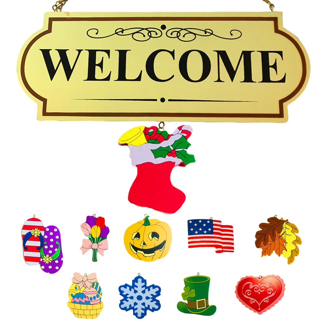 10 Pieces Set Interchangable Multi Holiday Welcome Sign Decoration Wall Hanging Door Festive Plaque Whimsical Decor - 11 1/2" L x 4 1/4" H, Each Design Approx. 4 1/2" L x 4" H.by CTD Store