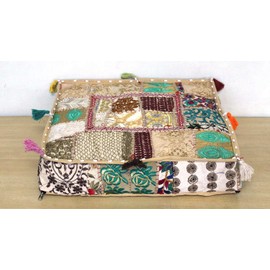 CRAFT KALA Indian Square Patchwork Traditional Pouf Cover Indian Living Room Poufs Decorative Embroidered Designer Ottoman Home Living Footstool Chair Cover Decor Pillow Cover 18x18x5 inches, Camel