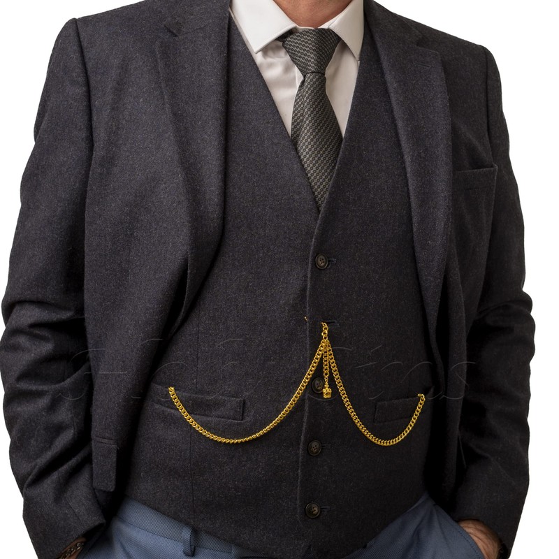 Gold Colour Double Albert Pocket Watch Chain With Crown Pendant