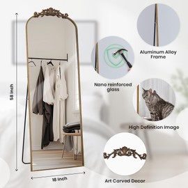 Melodieux 58"x18" Arched Full-Length Mirror with Vintage Ornate Carved Accents- Freestanding or Wall-Mounted, Bronze Metal Frame for Bedroom, Living Room & Entryway