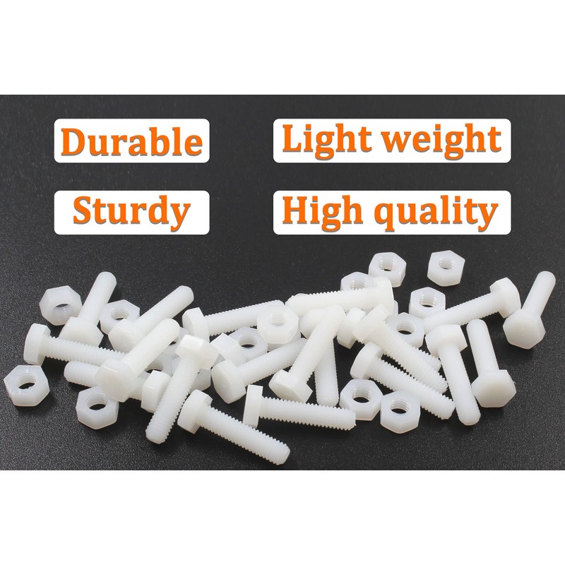 Piutouyar 20 Pair M6x25mm White Nylon Hex Bolts Plastic Hex