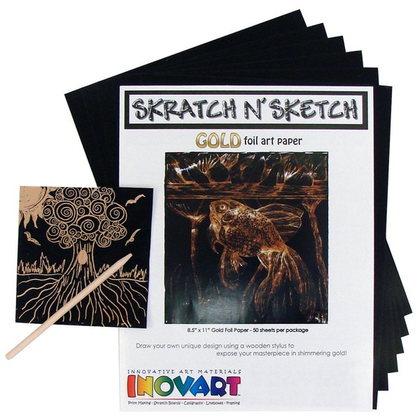 Inovart Skratch n' Sketch Gold Foil Scratch Paper, 50 Sheets