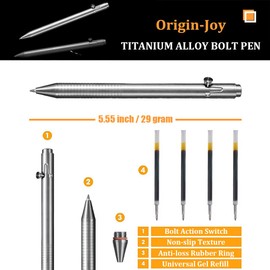 Origin-Joy Titanium Alloy Bolt Action Pen, Slim Lightweight EDC Signature Tactical Pen With 5 Ballpoint Refills (Silver)
