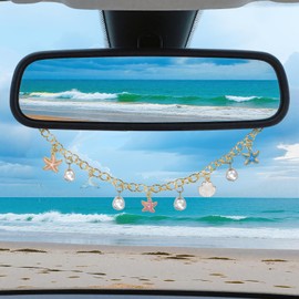 Starfish & Whale Tail Car Rearview Mirror Hanging – Coastal Boho Cars Charm Decor, Ocean Seashell Pearl Chain Ornament, Beach Car Interior Accessories for Women, Summer Vibes Gift for Drivers