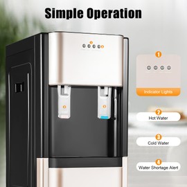 SNKOURIN Bottom Load Water Cooler Dispenser, Electric Hot & Cold Water Cooler Dispenser, Durable Stainless Steel Construction, Freestanding Water Dispenser for 3 to 5 Gallon Bottles, Gold