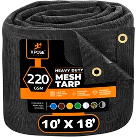 Xpose Safety Heavy Duty Mesh Tarp – 10’ x 18’ Multipurpose Black Protective Cover with Air Flow - Use for Tie Downs, Shade, Fences, Canopies, Dump Trucks – Tear Resistant