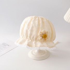 HEOXIN Infant Unisex Baby Girls Lace Sun Hat, Toddler Summer Beach Hat with Cute Flower Decoration, Princess Ear Protection Bonnet Cap with Adjustable Chin Strap for 1-12 Months, Yellow, Size 42CM