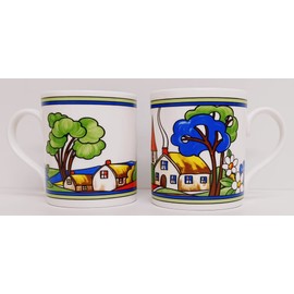 Rainbow Decors Village Art Deco Mugs Set of 2 Large Balmoral 425ml 15oz Fine Bone China Exclusive Countryside Scene Cups Hand Decorated in UK