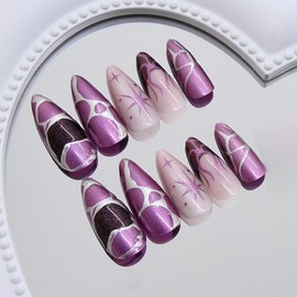 MISUD Almond Press on Nails Medium Fake Nails Glossy Glue on Nails Purple Chrome Acrylic Nail Supplies Stiletto Artificial Nail Art Goth Star Moon Stick on False Nails with Design DIY 24 pcs