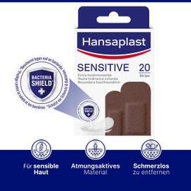 Hansaplast Sensitive Skin Plasters, Dark, Pack of 20, Skin-Friendly and Hypoallergenic Wound Plasters with Bacteria Shield, Secure Adhesion, Painless to Remove