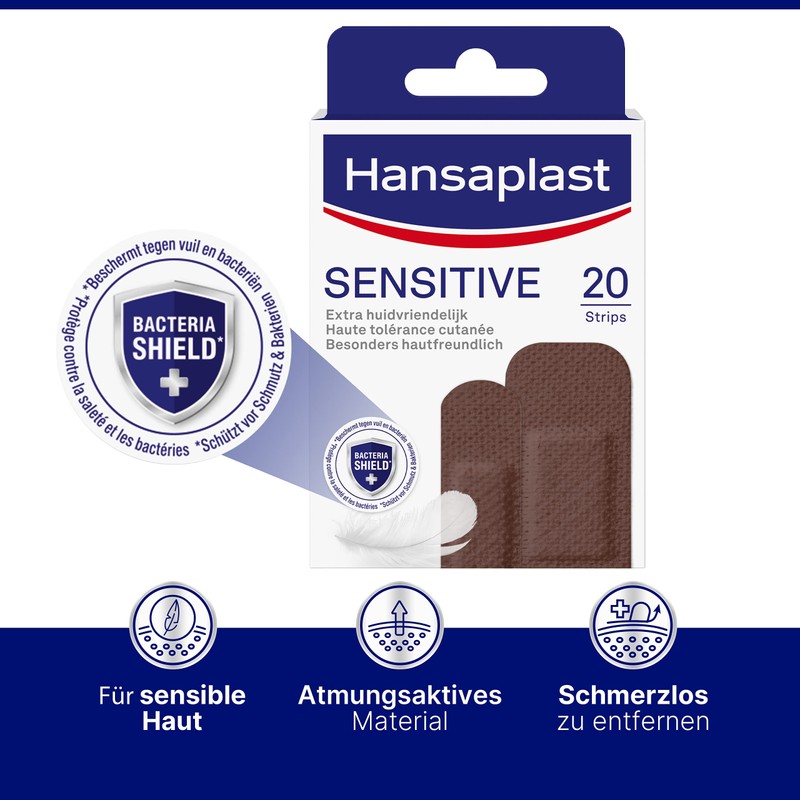 Hansaplast Sensitive Skin Plasters, Dark, Pack of 20, Skin-Friendly and