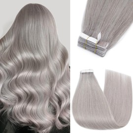 Silk-co Tape Extensions, Real Hair, Pack of 10, Remy Tape-In Extensions, Skin Weft Real Hair Extensions, Tape Glue, 20 g, Grey # Grey, 35 cm