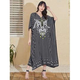 Oussum Women Long Maxi Plus Size Polyester Kaftan Caftan Gown Beach Party Casual Dress, Black Striped Maxi Kaftan, One Size