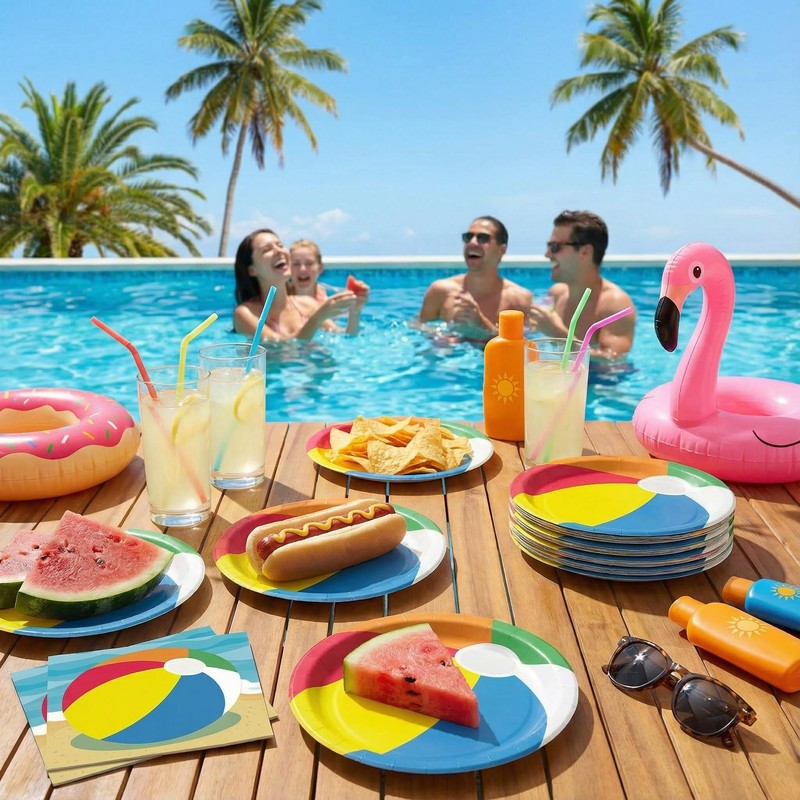 Dereinwo 50Pcs Pool Party Paper Plates and Napkins Disposable paper