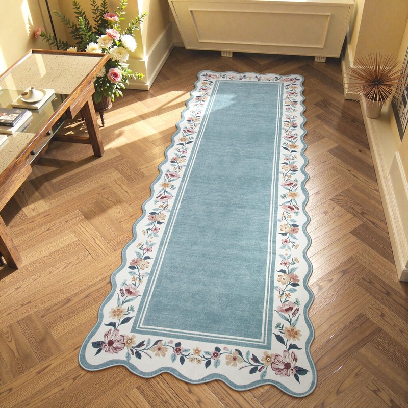 Lahome Floral Blue 2x6 Runner Rug for Hallway,Scalloped Washable Rug