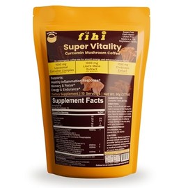 Fihi Super Vitality Mushroom Coffee with 1000mg Curcumin, Lion’s Mane, Cordyceps | Anti-Inflammatory, Focus, Energy | Vegan, Gluten-Free, No Sugar | 15 Servings
