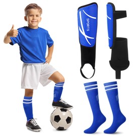 VercanMonth Soccer Shin Guards and Socks for Kids Youth 4-14, Lightweight Adjustable Strap Soccer Shin Pads with Ankle Protection Protective Football Equipment for Boys Girls Teens (Blue,Small)