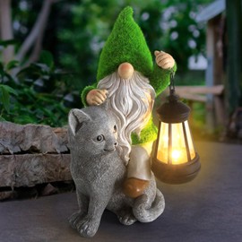 Sinhra Garden Cat Gnome Decorations for Yard with Solar Lights,Resin Flocked Gnome Figurine Holding Latern,Outdoor Gnomes Decorations for Yard Patio Lawn Porch, Garden Gifts for Mom