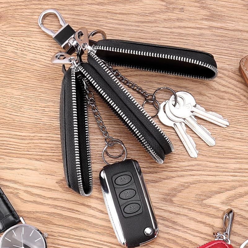 Guolich Car Key Chain Bag Double Zipper Leather Protection Key