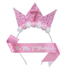 Leixi 7th Birthday Decoration for Girl,Pink Birthday Headband & Sash Set for Girl,Birthday Flower Princess Crown Headband for Outfit (Pink 7)
