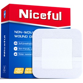Niceful 50Pcs Adhesive Gauze Island Dressing 6"x6", Water-Resistant Wound Dressing, Sterile & Absorbent Medical Grade Dressing Pad First Aid Dressing Pads