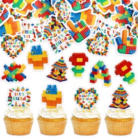 Cyodoos 40pcs Edible Building Block Cupcake Toppers - Boy & Girl Birthday Party Decorations - Brick Themed - 8 Styles, 5pcs Each