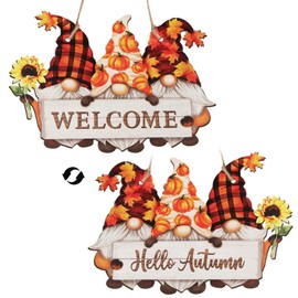 Hello Autumn Decorations Double-Sided Gnomes Wooden Hanging Plaque Welcome Autumn Pumpkins Maple Sunflower Autumn Sign Gifts for Thanksgiving Autumn Decorations Accessories
