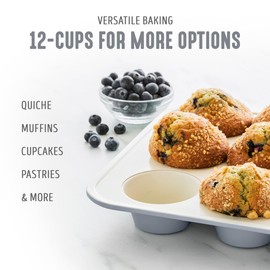 GreenLife 12-Cup Muffin Pan, PFAS-Free Healthy Nonstick Baking Tray, 11.4" x 1.9" x 15.9", Durable Ceramic Bakeware, Cupcakes, Egg Bites, Tarts, Brownies, Gray