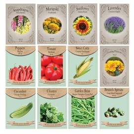Vegetable, Flower, and Herb Seed Set - 12 Varieties of Non-GMO and Heirloom Premium Seeds for Planting - Chili Pepper, Brussel Sprouts, and Marigolds and More!
