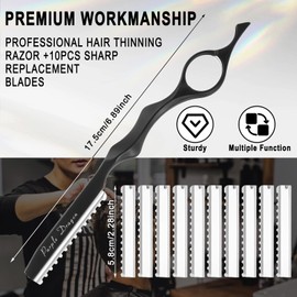 Hair Razors For Haircut 6.89" Stainless Steel Hair Thinning Styling Razors for Salon Home Use 10pcs Replacement Blades (Black, Metal)