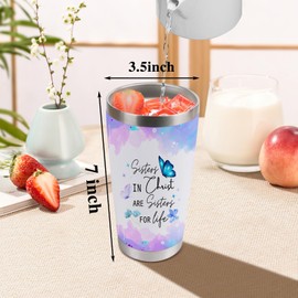 LLKJHGE Christian Sister Gift,Sister in Christ Gifts 20oz Tumbler with Lid and Straw,Stainless Steel Vacuum Insulated Double Wall Travel Tumbler (butterfly-Sisters in Christ)