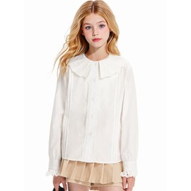 Girls White Dress Shirt Button-Down Blouse Kids School Uniform Elegant Lace Decorated with Large Lapel size16years