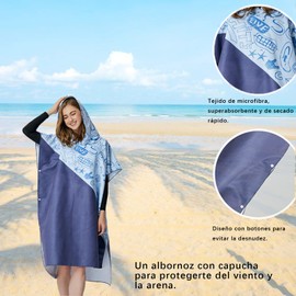 Toalla de Playa con Capucha/Poncho de playa para Mujer y Hombre，Albornoz de microfibra absorbente, ligero, fácil de transportar y de secado rápido，Adecuado para Cambiador de Surf,Playa, mar, piscina (Azul)