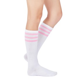 Women's Knee High Socks Sports Casual Long Tube Socks with Triple Stripes Classic Fashion Long Dress Socks 1 Pack White Pink One Size