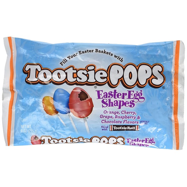 Assorted Flavored Cherry, Orange, Grape, Raspberry, and Chocolate Easter Egg Shaped Bulk Tootsie Pops Lollipops Filled with Tootsie Rolls Candy, 9 Ounce