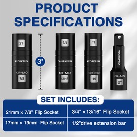 WORKPRO 4PCS Impact Socket Set 1/2" Drive, Lug Nut Socket Set, Wheel Socket Set Cr-Mo Steel, Includes 1PC 3" Extension Bar & 3PSC Flip Sockets of 6 Metric and SAE Sizes