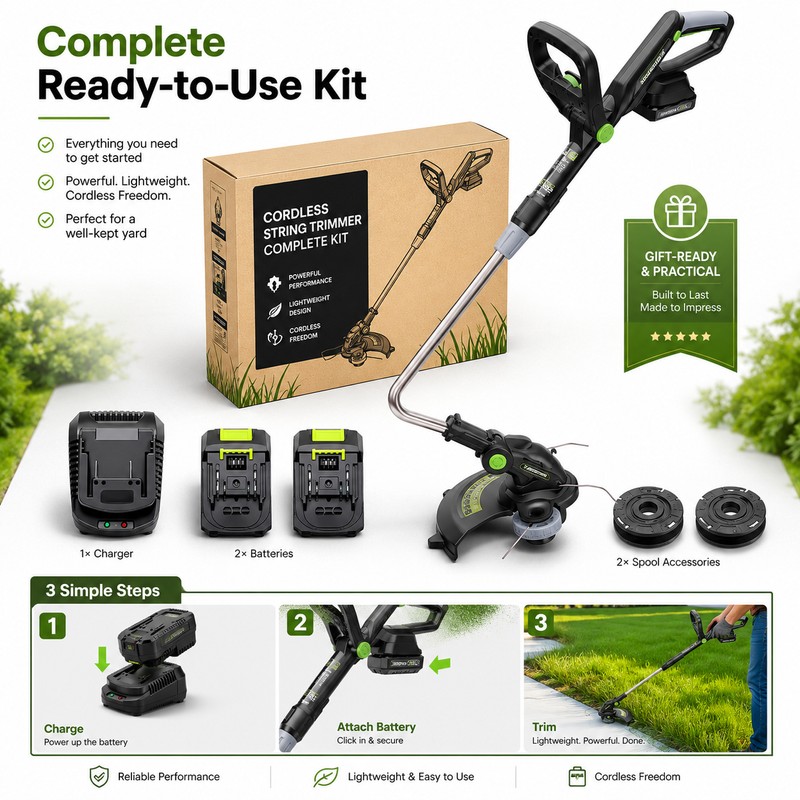 20V Cordless String Trimmer for Lawn Care – Lightweight Battery