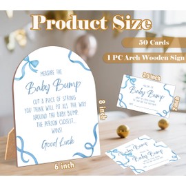 51 Pcs Blue Bow Measure The Baby Bump Game, Blue Baby Shower Game, 6x8 Inch Arch Wooden Sign with Stand and 50 Guessing Cards, Gender Neutral Party Decoration - NG02