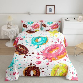 Feelyou Girly Comforter Set Sweet Donuts Bedding Setfor Kids Boys Girls Chocolate Doughnut Cream Comforter Cute Whimsical Dessert Decor Quilt Set with 2 Pillowcases 3Pcs Bedding Queen