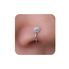 Aneneiceera Vintage Crystal Flower Nose Ring Hoop Silver Rhinestone Nose Ring Stud Tiny Round Nose Screw Stud Ring Boho Cz No Piercing Nose Hoop Clip on Nose Ring Jewelry for Women (Silver)