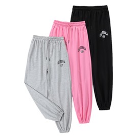 EXARUS Girls' Sweatpants 3 Pack Sweat Pants Kids with Pockets Drawstring Baggy High Waisted Preppy Cute Joggers Youth 12Y
