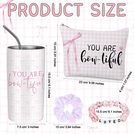 Sieral 4 Pcs Coquette Pink Bow Gifts for Girls Inspirational Coquette Stuff Makeup Bag 14oz Stainless Steel Tumbler Pink Beaded Bracelet Scrunchies Cute Bow Stuff for Women Birthday Baby Shower Party