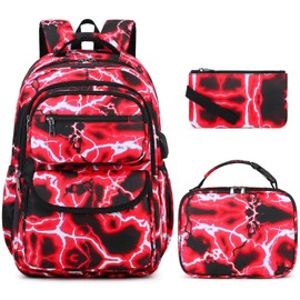 Bevalsa Backpack for Boys, Lightning School Bags with Lunch Bag & Pen Case for Kids, Bookbag for Boys Girls Teens (Red)