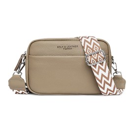 Crossbody Bag for Women Genuine Leather Wide Strap Shoulder Bag Purse Trendy Design Camera Crossbody Purse Top Zip