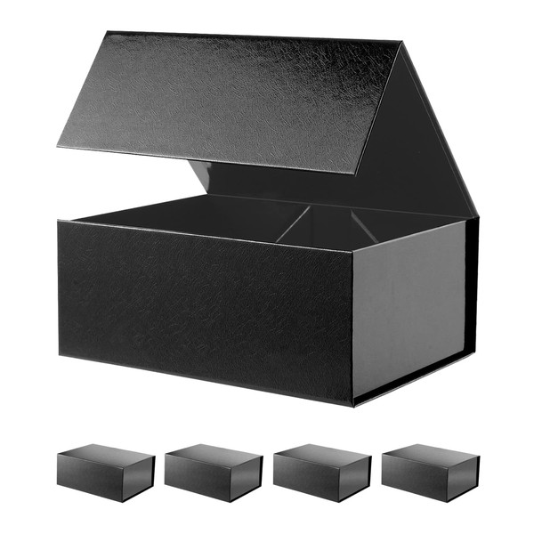 BLK&WH 5 Gift Boxes 9x6.5x3.8 Inches, Black Gift Boxes, Gift Boxes with Lids, Collapsible Gift Boxes for Gift Packaging (Glossy Black with Grass Texture)