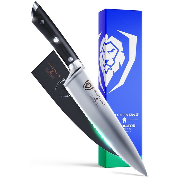 Dalstrong Serrated Chef Knife - 7.5 inch - Gladiator Series Elite - Forged HC German Steel - Razor Sharp Kitchen Knife - Full Tang Chef's Knife - Black G10 Handle - Sheath Included - NSF Certified