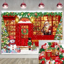 Red Christmas Photo Backdrop Santa's Toy Shop Banner 7x5FT Christmas Store Photography Background Xmas Holiday Party Decoration Supplies Photo Props