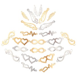 SUNNYCLUE 1 Box 24 Pieces 6 Styles Stainless Steel Connectors Charms Infinity Links Hollow Heart Feather Wings Forever Pendant with Double Loops for Jewellery Making Golden Silver