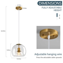 LBSQJ Clear Glass Pendant Lights Kitchen Island Gold Hanging Light Fixture Glass Globe Pendant Light Modern Pendant Lighting for Kitchen Island Bedroom Dining Room (10.03", 1 Pack)