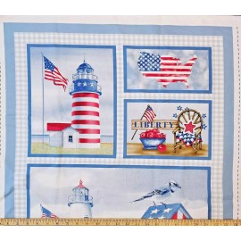 Blank Quilting - Patriotic Lighthouse Quilting Fabric Panel With American Flag